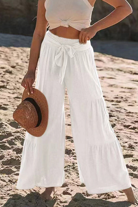 Casual Holiday Solid Bandage Pleats Loose High Waist Wide Leg Solid Colour Trousers (volné jednobarevné kalhoty s vysokým pasem)