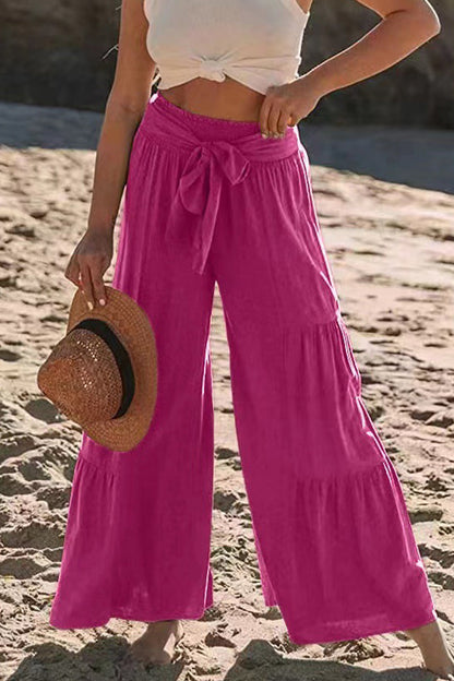 Casual Holiday Solid Bandage Pleats Loose High Waist Wide Leg Solid Colour Trousers (volné jednobarevné kalhoty s vysokým pasem)