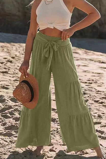 Casual Holiday Solid Bandage Pleats Loose High Waist Wide Leg Solid Colour Trousers (volné jednobarevné kalhoty s vysokým pasem)