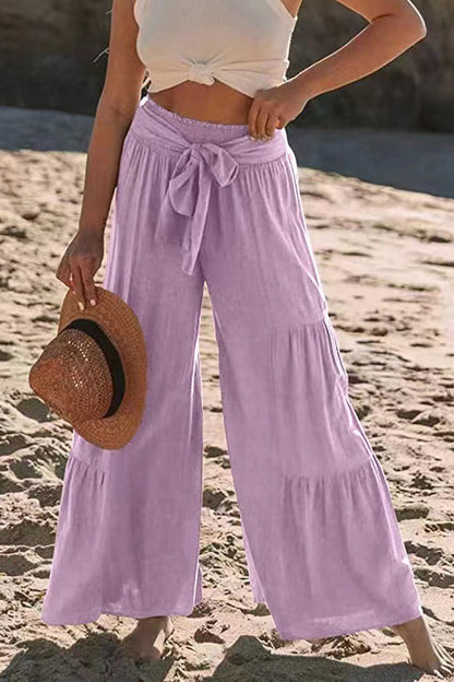 Casual Holiday Solid Bandage Pleats Loose High Waist Wide Leg Solid Colour Trousers (volné jednobarevné kalhoty s vysokým pasem)