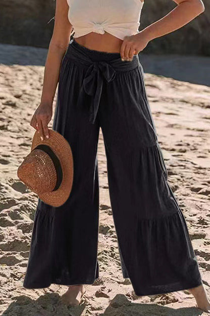 Casual Holiday Solid Bandage Pleats Loose High Waist Wide Leg Solid Colour Trousers (volné jednobarevné kalhoty s vysokým pasem)
