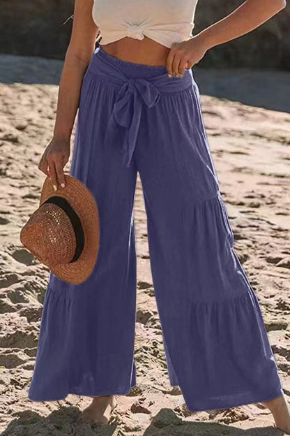 Casual Holiday Solid Bandage Pleats Loose High Waist Wide Leg Solid Colour Trousers (volné jednobarevné kalhoty s vysokým pasem)