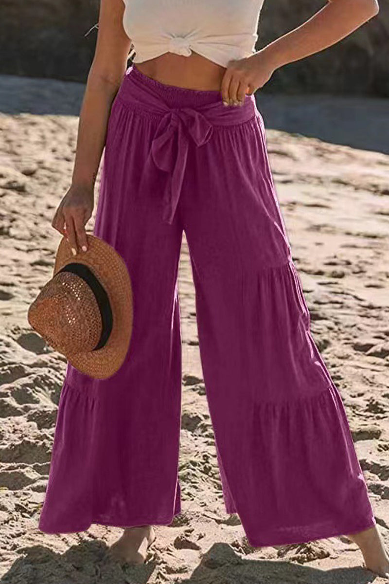 Casual Holiday Solid Bandage Pleats Loose High Waist Wide Leg Solid Colour Trousers (volné jednobarevné kalhoty s vysokým pasem)