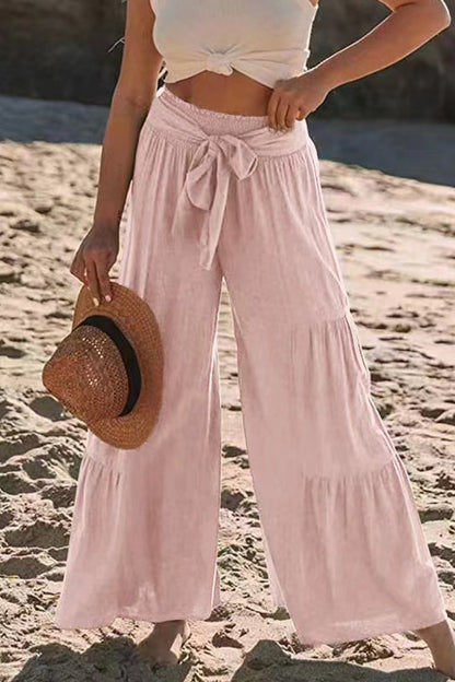 Casual Holiday Solid Bandage Pleats Loose High Waist Wide Leg Solid Colour Trousers (volné jednobarevné kalhoty s vysokým pasem)