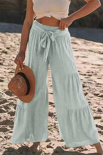 Casual Holiday Solid Bandage Pleats Loose High Waist Wide Leg Solid Colour Trousers (volné jednobarevné kalhoty s vysokým pasem)