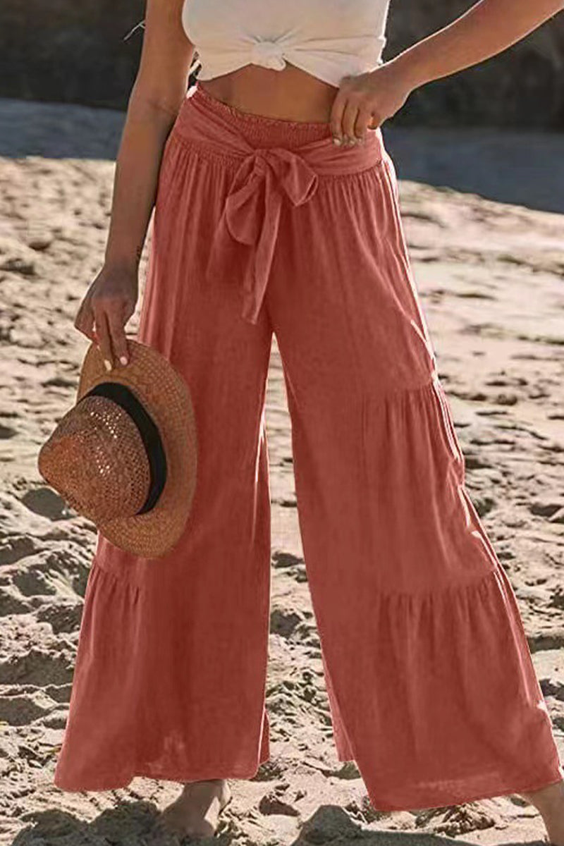 Casual Holiday Solid Bandage Pleats Loose High Waist Wide Leg Solid Colour Trousers (volné jednobarevné kalhoty s vysokým pasem)