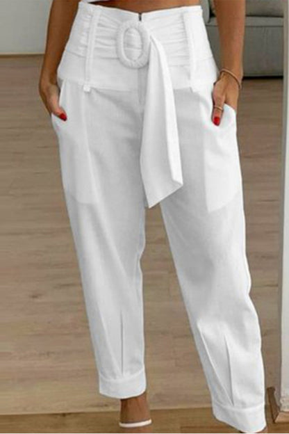 Casual Solid Patchwork Regular High Waist Konvenční jednobarevné kalhoty s vysokým pasem