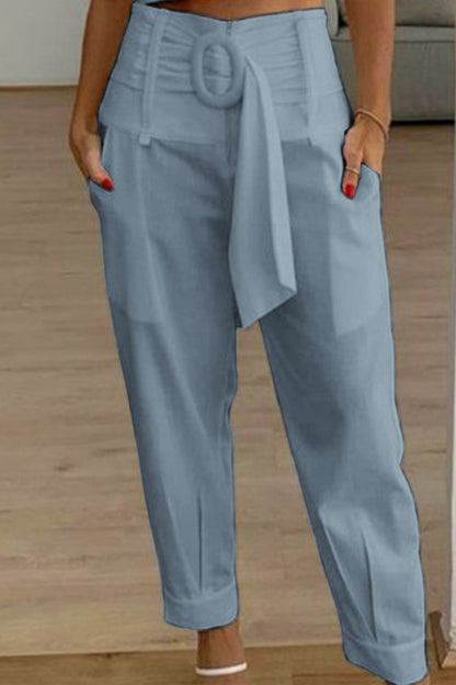 Casual Solid Patchwork Regular High Waist Konvenční jednobarevné kalhoty s vysokým pasem