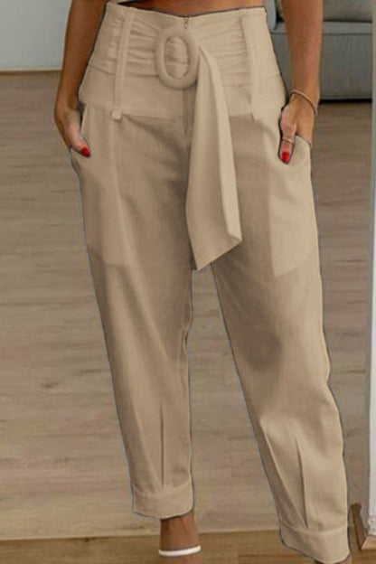 Casual Solid Patchwork Regular High Waist Konvenční jednobarevné kalhoty s vysokým pasem