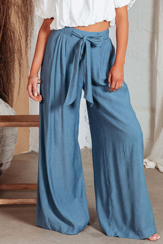 Casual Solid Pocket Frenulum Loose High Waist Wide Leg Solid Colour Trousers (volné jednobarevné kalhoty s širokými nohavicemi)