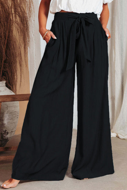 Casual Solid Pocket Frenulum Loose High Waist Wide Leg Solid Colour Trousers (volné jednobarevné kalhoty s širokými nohavicemi)