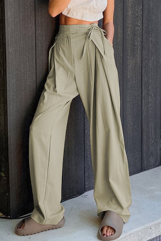 Casual Solid Frenulum Loose High Waist Straight Plain Pants (volné kalhoty s vysokým pasem)