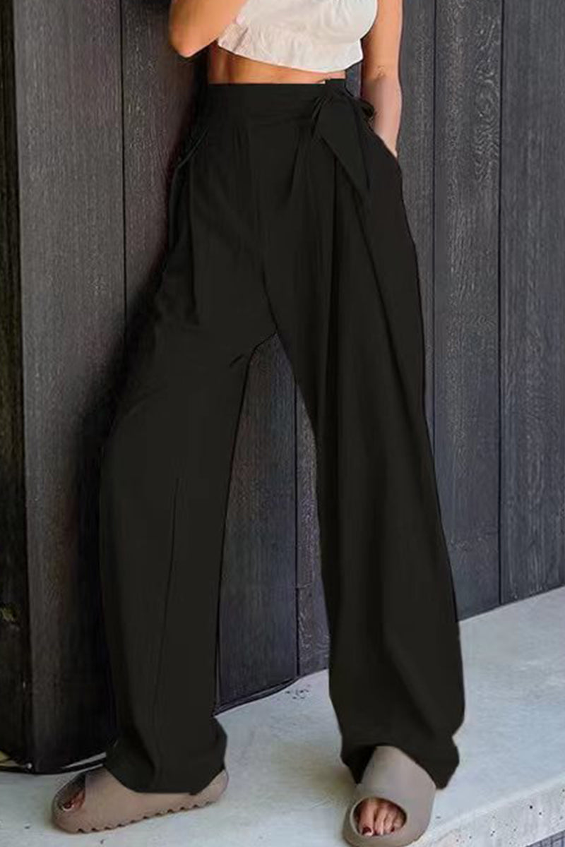 Casual Solid Frenulum Loose High Waist Straight Plain Pants (volné kalhoty s vysokým pasem)