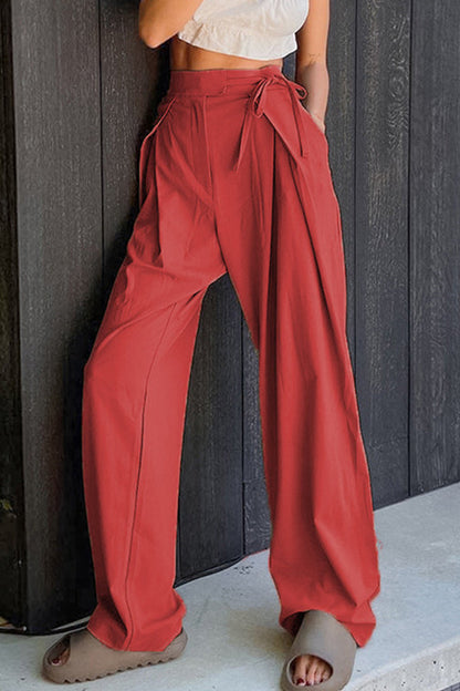 Casual Solid Frenulum Loose High Waist Straight Plain Pants (volné kalhoty s vysokým pasem)