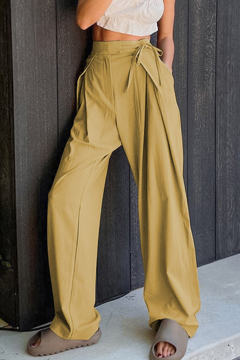 Casual Solid Frenulum Loose High Waist Straight Plain Pants (volné kalhoty s vysokým pasem)