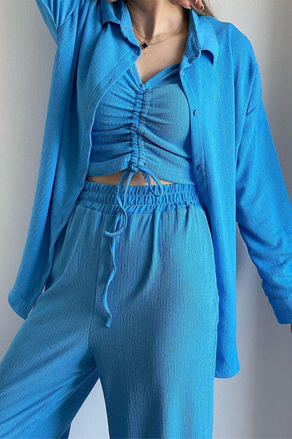 LD Casual Solid Draw String Fold Turndown Collar Long Sleeve Three-Piece (Košile Vesta Kalhoty)