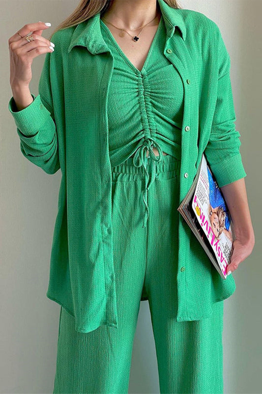 LD Casual Solid Draw String Fold Turndown Collar Long Sleeve Three-Piece (Košile Vesta Kalhoty)