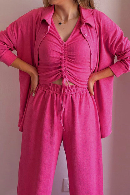 LD Casual Solid Draw String Fold Turndown Collar Long Sleeve Three-Piece (Košile Vesta Kalhoty)
