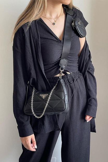 LD Casual Solid Draw String Fold Turndown Collar Long Sleeve Three-Piece (Košile Vesta Kalhoty)