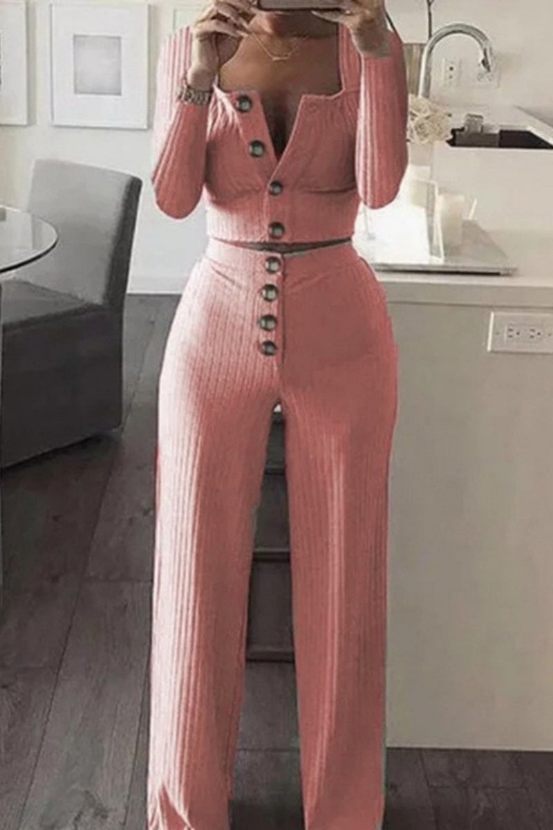 Casual Solid Button Waistcoat Trousers U Neck Sleeveless Two Pieces (ležérní jednobarevná vesta s knoflíky, kalhoty bez rukávů)