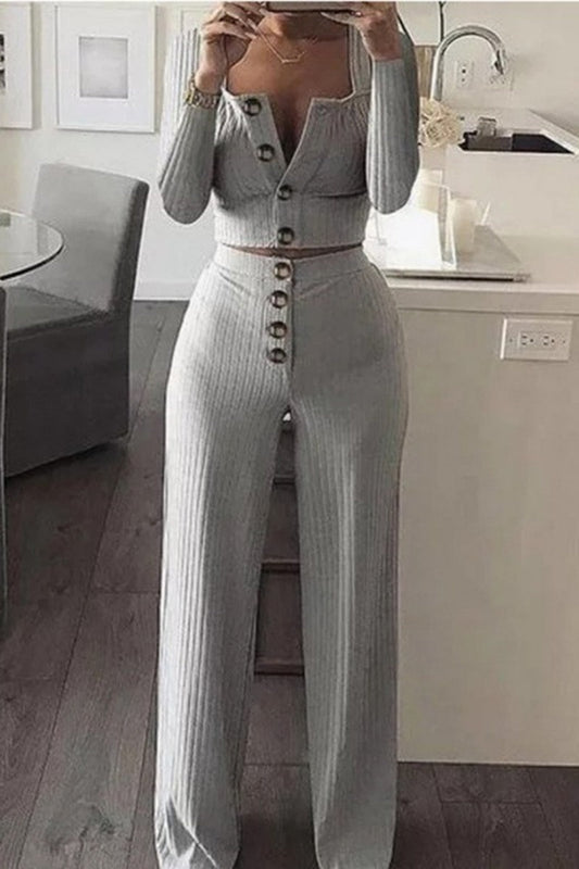 Casual Solid Button Waistcoat Trousers U Neck Sleeveless Two Pieces (ležérní jednobarevná vesta s knoflíky, kalhoty bez rukávů)