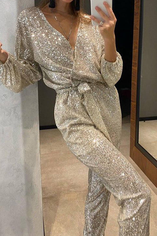 Casual British-style solid bandage sequin sequin v-neck regular overals