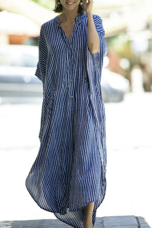 LD Casual Striped Buckle Asymmetric Swimsuit Cover-Up Pruhované plavky s přezkami.