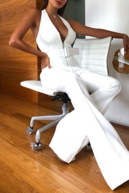 Casual Solid Backless With Belt Halter Skinny Overaly