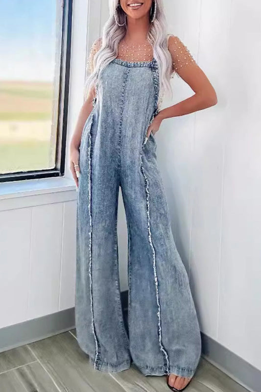 LD Casual Street Solid Patchwork Backless Square-Collar Sleeveless Loose Denim Jumpsuits (džínový overal bez rukávů)