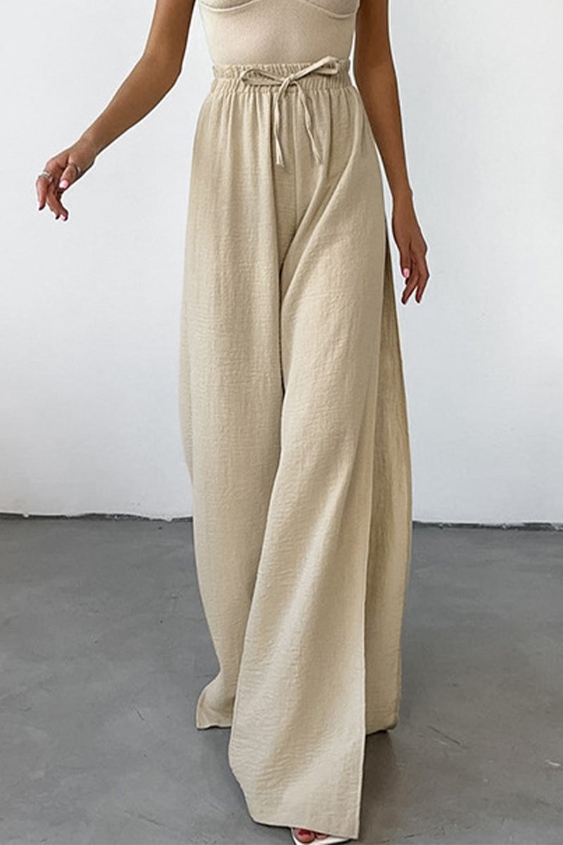 Casual Daily Solid Colour Lace Up Slit Loose High Waist Pants with Wide Legs (volné kalhoty s vysokým pasem a širokými nohavicemi)