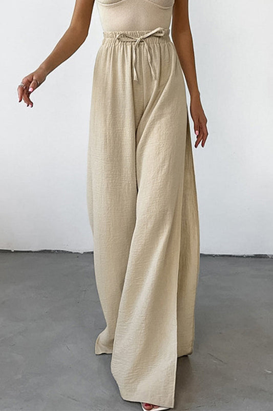 Casual Daily Solid Colour Lace Up Slit Loose High Waist Pants with Wide Legs (volné kalhoty s vysokým pasem a širokými nohavicemi)