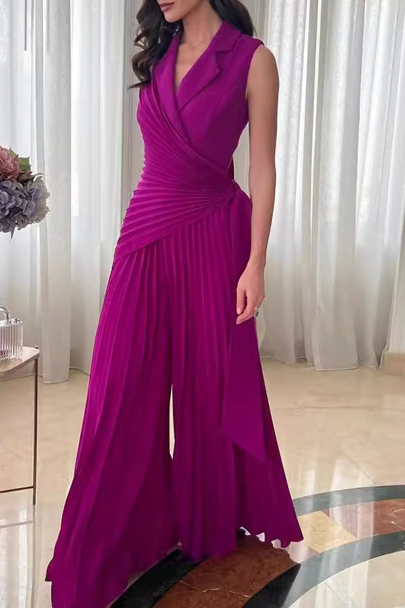 Ležérní jednobarevné krajkované plisované overaly s límcem Regular Jumpsuits