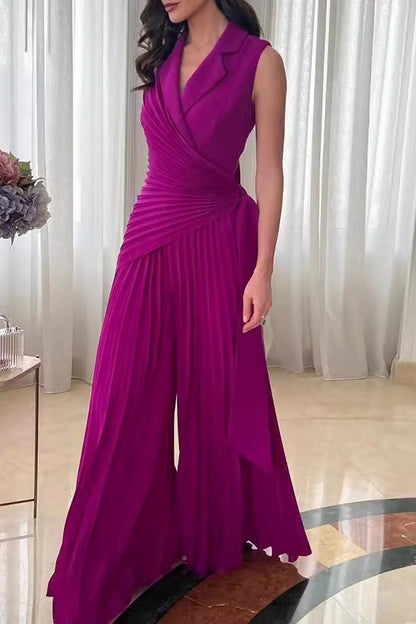 Ležérní jednobarevné krajkované plisované overaly s límcem Regular Jumpsuits