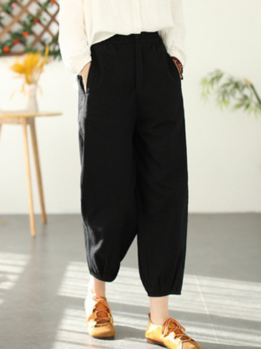 LD Fashion ležérní elastické kalhoty s volným pasem a dlouhými harémovými nohavicemi