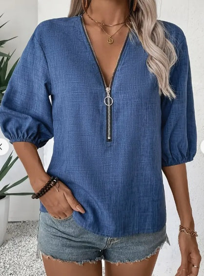Elizabeth - Elegantní dámská halenka s hlubokým výstřihem do V a zapínáním na zip
