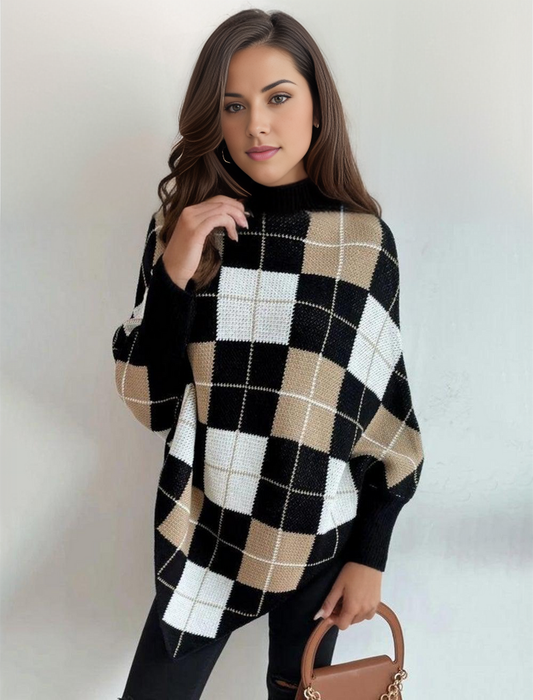 Catherine | Elegantní dámský svetr s geometrickým vzorem a vysokým límcem