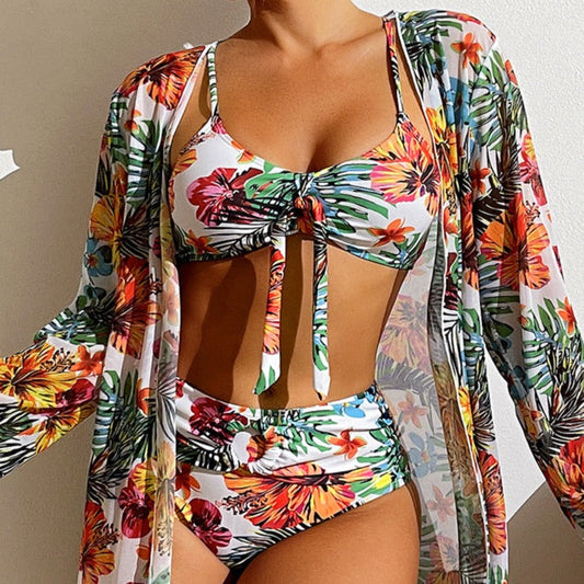 3-dílné bikiny s květinami a přehozem