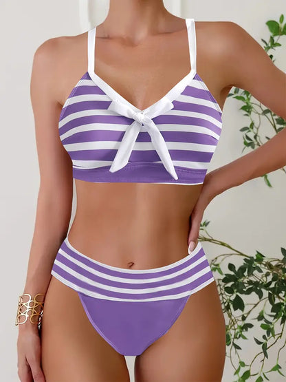 Sexy bikiny s pruhovaným potiskem a mašlí s výstřihem do V