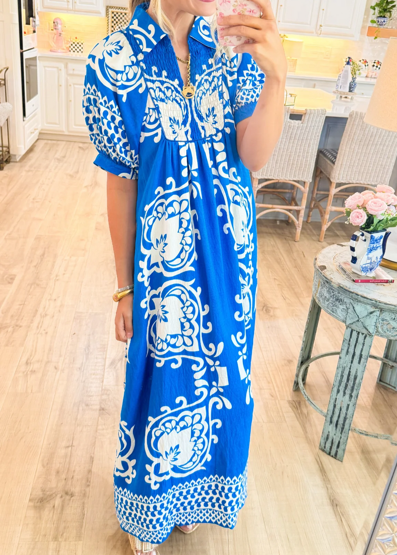 Midi šaty v boho stylu s nadýchanými rukávy a mix-and-match potiskem
