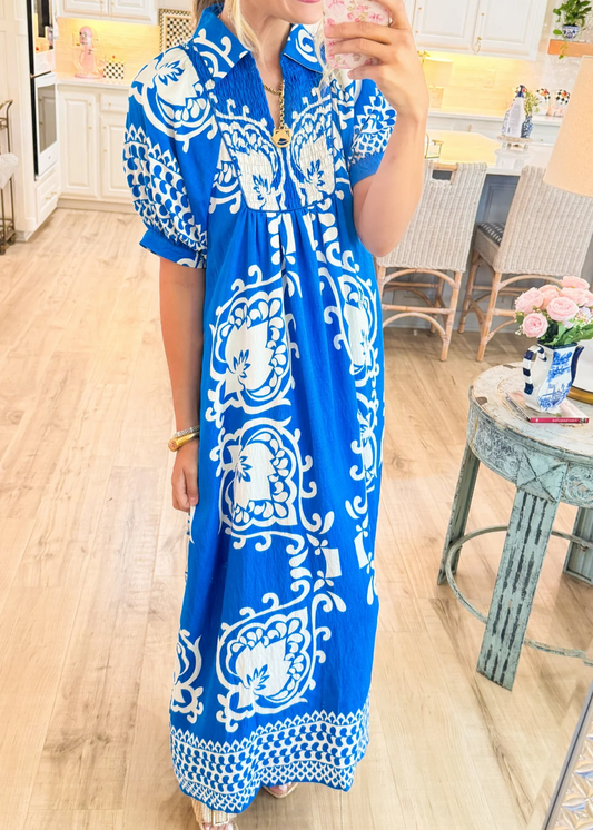 Midi šaty v boho stylu s nadýchanými rukávy a mix-and-match potiskem