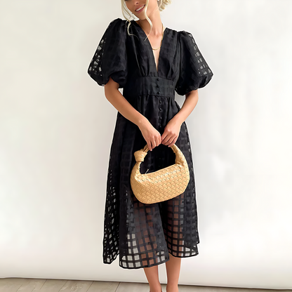 Elegantní letní midi šaty s krátkými puff rukávy