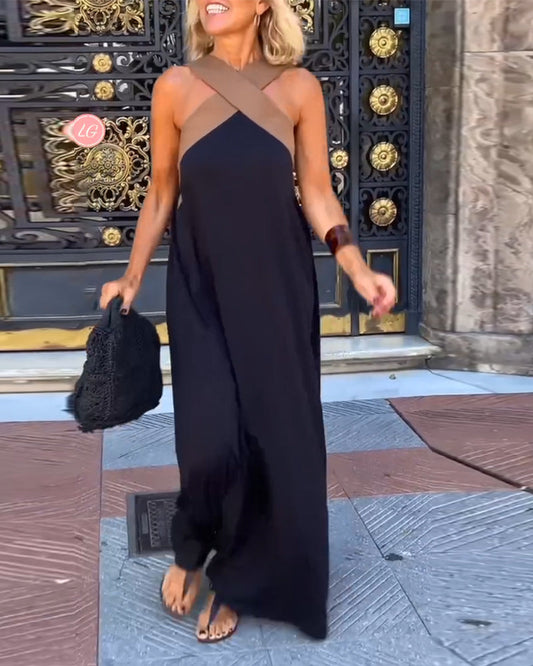 Elegantní šaty s výstřihem do půli lýtek a módním křížovým límcem