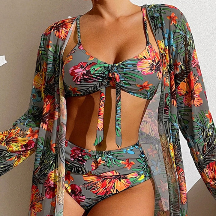 3-dílné bikiny s květinami a přehozem