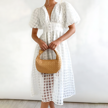Elegantní letní midi šaty s krátkými puff rukávy