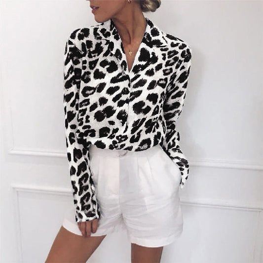 Kassie - Elegantní halenka s dlouhým rukávem a leopardím vzorem Turn Down Collar