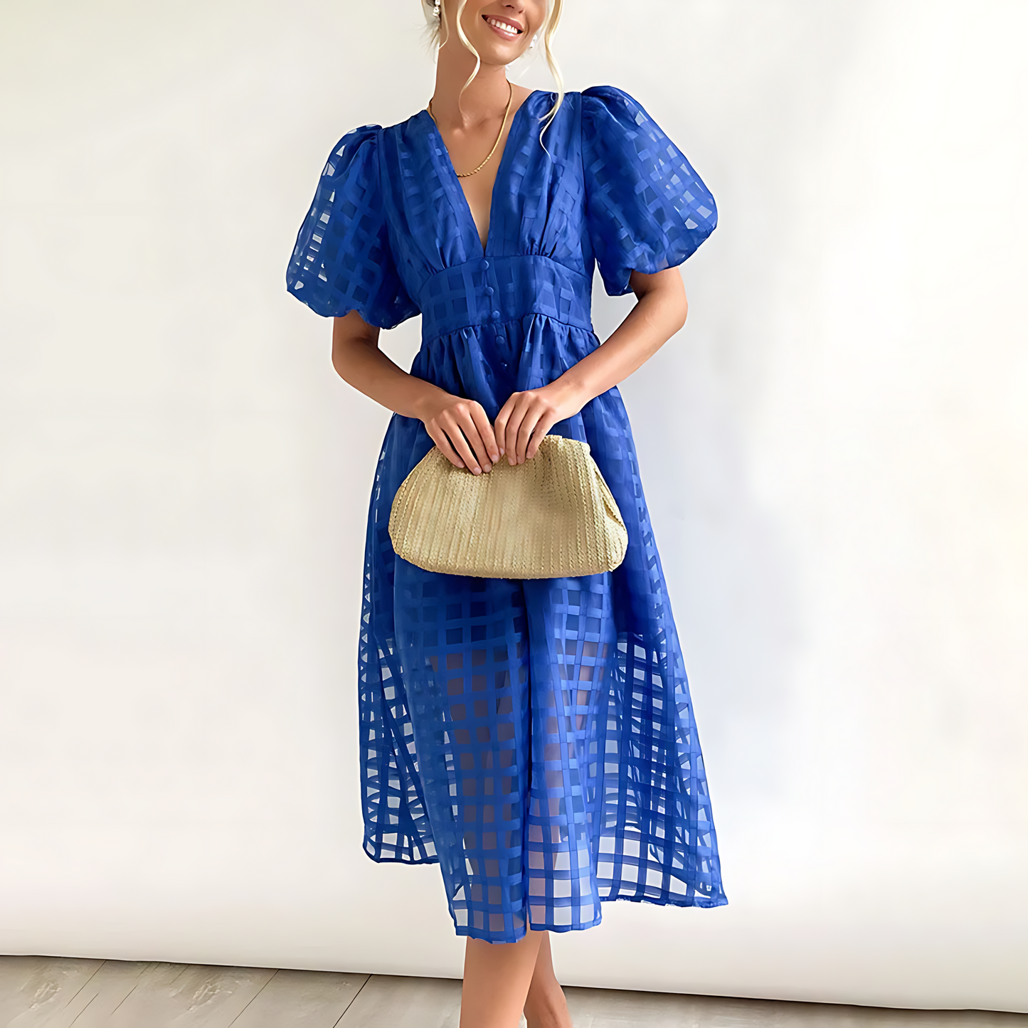 Elegantní letní midi šaty s krátkými puff rukávy