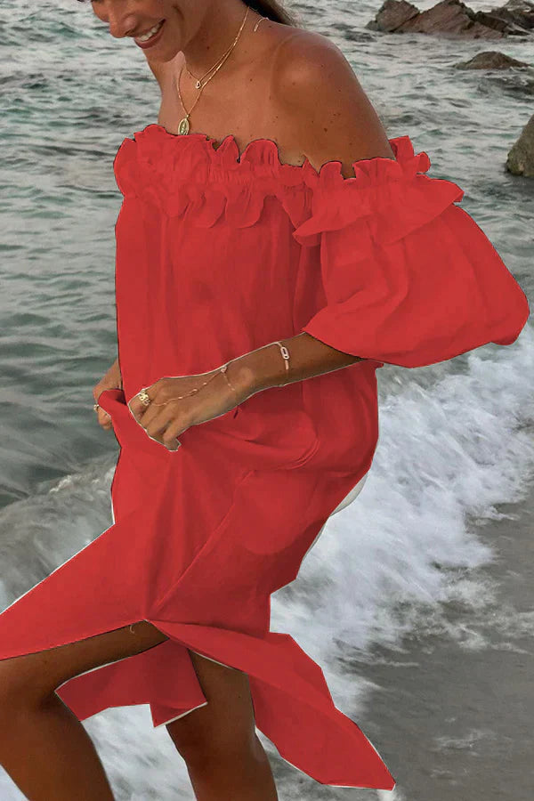 Jamila - Lněné šaty s volánky na ramenou