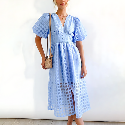 Elegantní letní midi šaty s krátkými puff rukávy