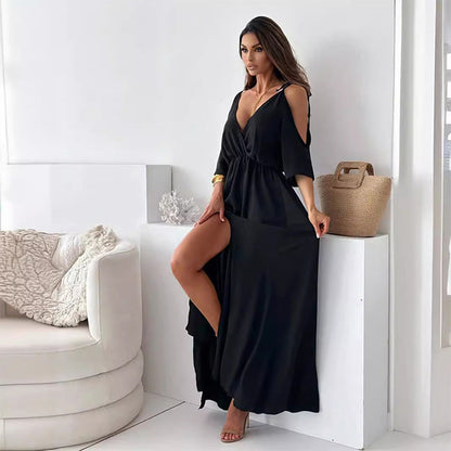 Elegantní dlouhé šaty se zkříženým výstřihem a splývavým bočním rozparkem