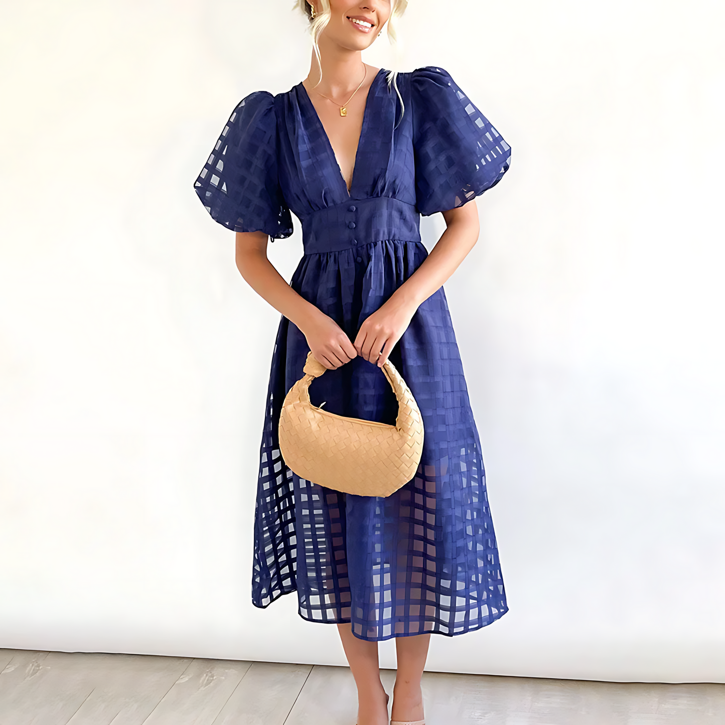 Elegantní letní midi šaty s krátkými puff rukávy